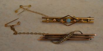 2 9ct gold bar brooches with safety chains, total approx weight 4.