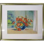 Watercolour of a vase of flowers by Victor Fernandez 67 cm x 56 cm