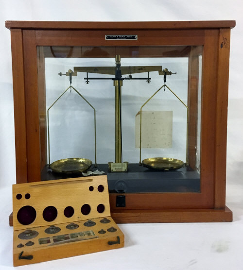 Griffin & George Limited cased scientific balance scales with boxed weights (glass side panel