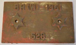 British Rail railway sign / wagon plate marked 'BR (W) - 1961' with two mounting holes and '528'