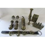 Pair of carriage lamps (LNWR), brass fire extinguisher, 'Mayflower' bookends, tea caddy,