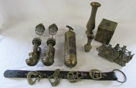 Pair of carriage lamps (LNWR), brass fire extinguisher, 'Mayflower' bookends, tea caddy,