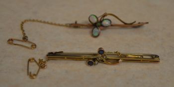9ct gold bar brooch and a yellow metal similar bar brooch with no hallmarks, total approx weight 5.