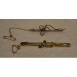 9ct gold bar brooch and a yellow metal similar bar brooch with no hallmarks, total approx weight 5.