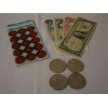 Various currency including 4 £5 coins, 2 £1 notes,