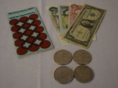 Various currency including 4 £5 coins, 2 £1 notes,