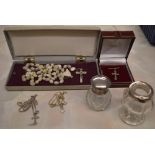 Mother of pearl crucifix, silver crosses,