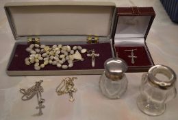 Mother of pearl crucifix, silver crosses,