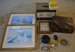 Mixed lot including 2 unglazed prints, framed cigarette cards, starting pistol,