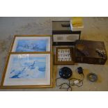 Mixed lot including 2 unglazed prints, framed cigarette cards, starting pistol,