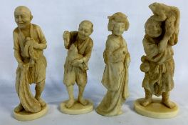 4 Japanese Meiji period small carved ivory okimono figures depicting a farmer,a fisherman,
