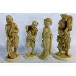 4 Japanese Meiji period small carved ivory okimono figures depicting a farmer,a fisherman,