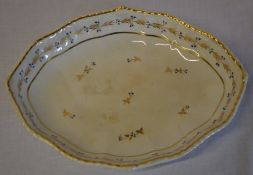 Derby dish decorated with gilt flowers, blue & green leaves, gilded rim with red stamp to verso,