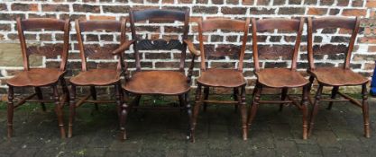 6 19th century rail back kitchen chairs including a carver with carving to lower rail