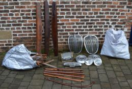 Quantity of vintage Jaguar parts including wood trim, front grilles, Lucas headlamps,