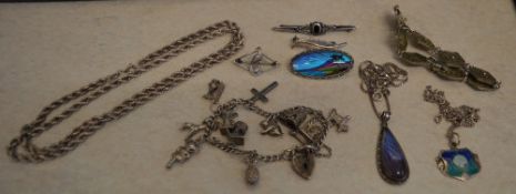 Various silver jewellery including charm bracelet, necklace, brooches etc, total approx weight 2.