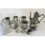 Various silver plate and pewter inc tankards and condiment sets