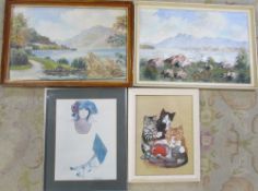 2 oil on board paintings by H Carson & 2 prints