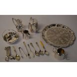 Various silver plate including a salver/tray, tea set,