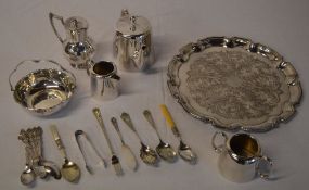 Various silver plate including a salver/tray, tea set,