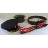 2 military hats by Uniquip (Yorkshire Regiment) and Moss Bros together with 2 military belts