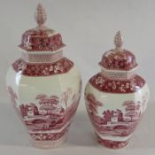 2 Spode 'Pink Tower' ginger jars 37 cm and 32 cm (one finial af)