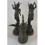 Pair of spelter figures (1 af) H 49 cm& an Omar/Arabian coffee pot