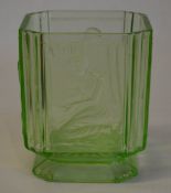 Art Deco green uranium glass style vase depicting a female form to all four sides