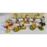 9 boxed Royal Doulton Rupert figurines inc Rupert's silver trumpet, Going out late,