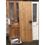 3 Victorian pine doors & a box of door furnishings