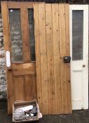 3 Victorian pine doors & a box of door furnishings