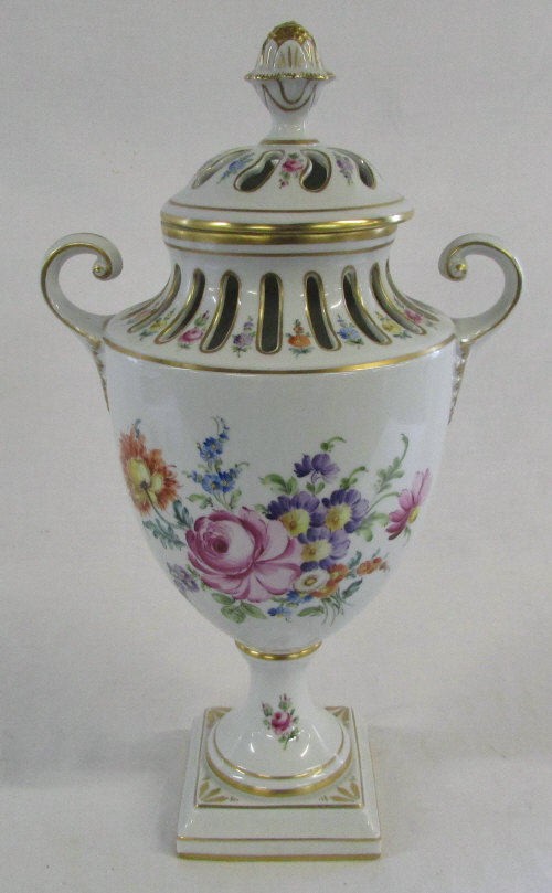 Dresden two handled floral lidded urn H 40 cm
