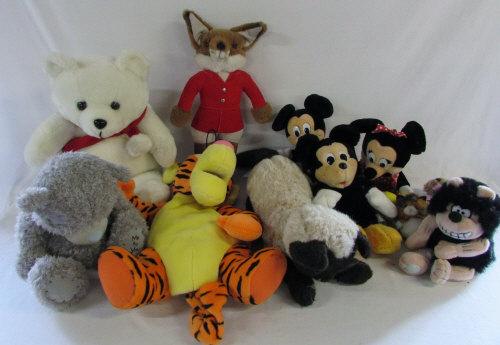 Assorted soft toys inc Gnasher & Mickey and Minnie Mouse