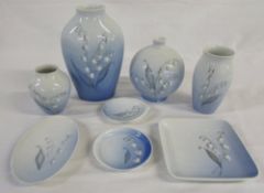 Selection of Bing & Grondahl Lily of the Valley porcelain ceramics inc vases and pin dishes