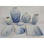 Selection of Bing & Grondahl Lily of the Valley porcelain ceramics inc vases and pin dishes