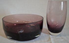 Caithness amethyst glass bowl and a similar etched stag vase