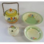 4 pieces of Clarice Cliff inc crocus pattern biscuit barrel (af),