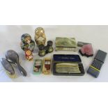 Selection of items inc silver topped hair brushes, translator, budha,