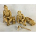 Pair of Japanese Meiji period carved ivory figures of farmers both damaged & repaired one detached