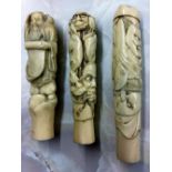 3 Meiji period carved ivory handles (one the top & bottom section possibly not matching)