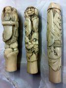 3 Meiji period carved ivory handles (one the top & bottom section possibly not matching)