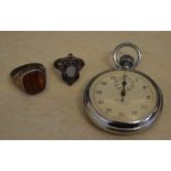 White metal Sekonda 15 jewel stopwatch and two silver rings