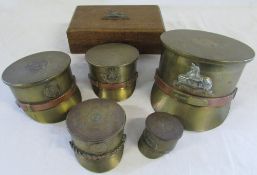 5 Trench art peaked caps inc Lincolnshire Regiment Grimsby Chums and a wooden Lincolnshire Regiment