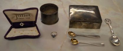 Various silver including a trinket box, spoons,