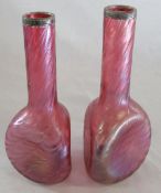 Pair of pink iridescent vases with silver tops Birmingham 1900 & 1903 H 19 cm