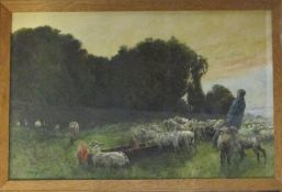 Watercolour of grazing sheep and a shepherd by Miller Smith signed lower left 54 cm x 36 cm