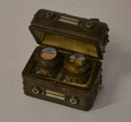 Leather & mother of pearl dual travelling inkwell shaped as a miniature treasure chest,