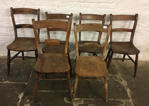 4 + 2 Victorian kitchen chairs with elm seats