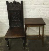 Late 19th century carved oak hall chair & a small Edwardian foldover card table (top detached)