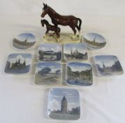9 Royal Copenhagen scenic pin dishes & a horse on plinth with foal (foal af)